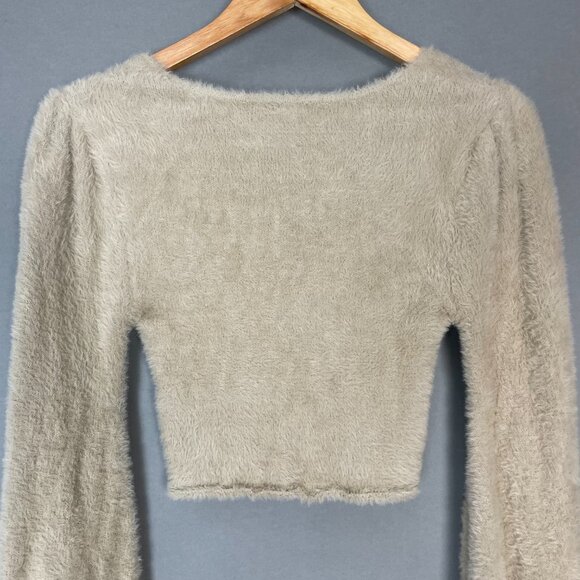 Forever 21 Fuzzy Crop Top Sweater Balloon Sleeve Size Medium Beige Gathered Bust - Picture 5 of 11